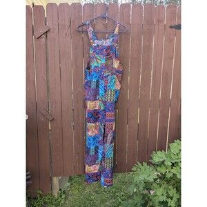 Patchwork Print Overalls Lightweight Boho Hippie Festival Women's Small pockets